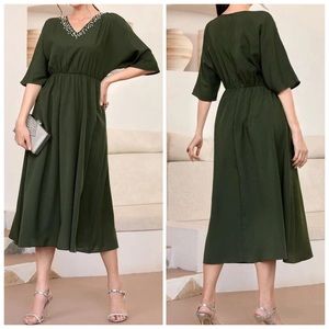 NEW Shein Pearls Beaded Neck Batwing Sleeve Army Green Dress. Size M